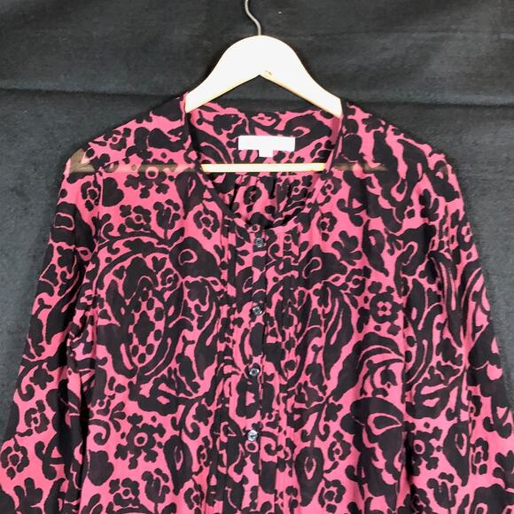 Ann Taylor  LOFT Womens Blouse Maroon Black Floral Long Sleeve Sheer Large - Picture 2 of 11